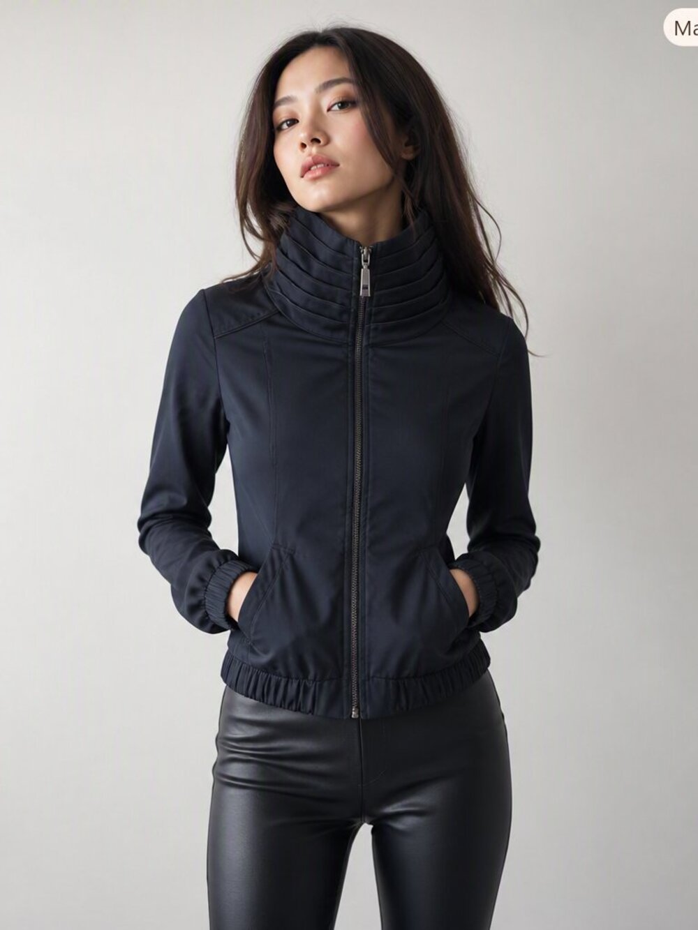 Black Bomber Lined With Pleated Collar Jacket